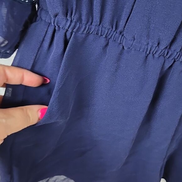 Joie Navy Jevin Silk Romper Pockets Long Sheer Sleeves Floral Lace Short Jumper - Picture 8 of 15